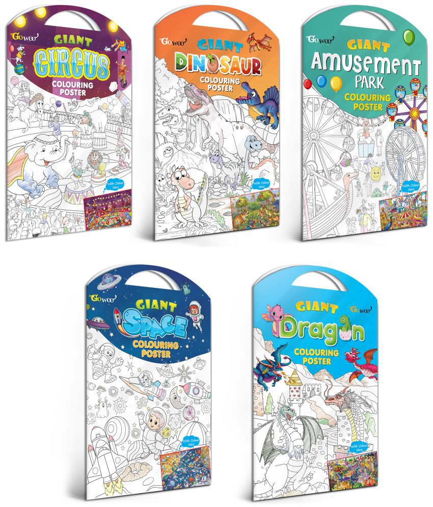     			GIANT CIRCUS COLOURING POSTER, GIANT DINOSAUR COLOURING POSTER, GIANT AMUSEMENT PARK COLOURING POSTER, GIANT SPACE COLOURING POSTER and GIANT DRAGON COLOURING POSTER | Gift Pack of 5 Posters I Exotic Escape Coloring Combo Set