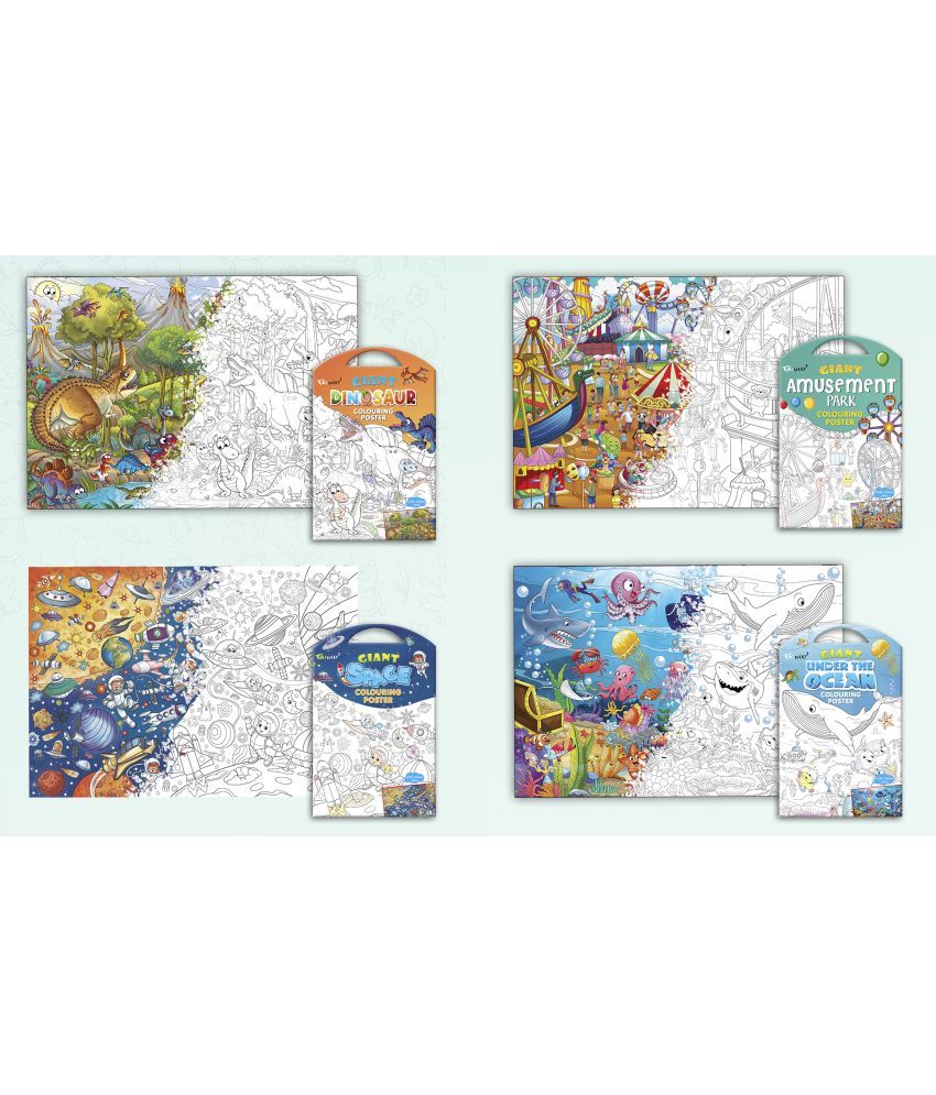     			GIANT DINOSAUR COLOURING POSTER, GIANT AMUSEMENT PARK COLOURING POSTER, GIANT SPACE COLOURING POSTER and GIANT UNDER THE OCEAN COLOURING POSTER | Combo pack of 4 Posters I Vibrant Coloring Pack