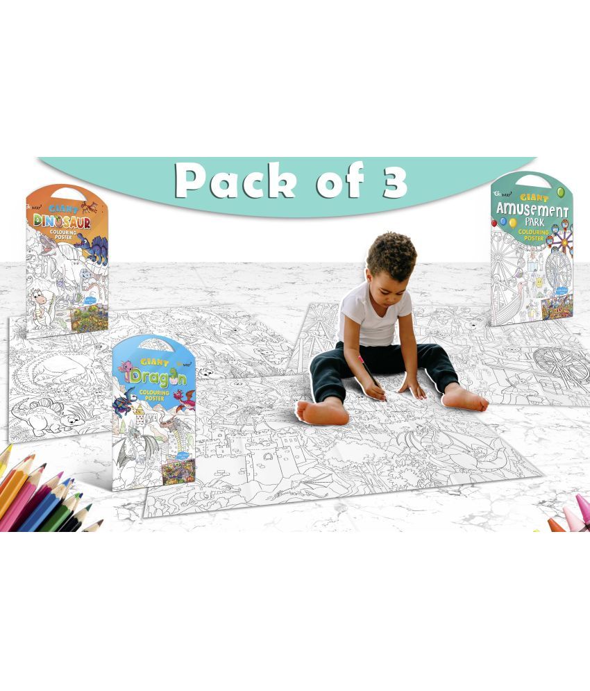     			GIANT DINOSAUR COLOURING POSTER, GIANT AMUSEMENT PARK COLOURING POSTER and GIANT DRAGON COLOURING POSTER | Combo of 3 Posters I Intricate coloring posters for adults