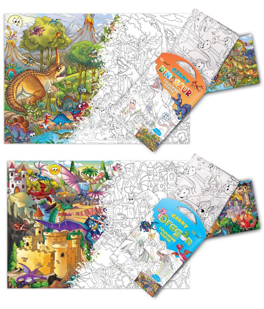     			GIANT DINOSAUR COLOURING POSTER and GIANT DRAGON COLOURING POSTER | Combo pack of 2 Charts I Beautifully illustrated Posters For Children