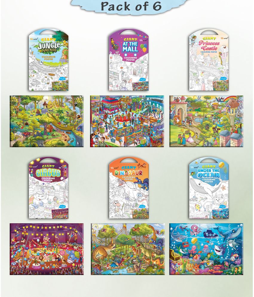     			GIANT JUNGLE SAFARI COLOURING , GIANT AT THE MALL COLOURING , GIANT PRINCESS CASTLE COLOURING , GIANT CIRCUS COLOURING , GIANT DINOSAUR COLOURING  and GIANT UNDER THE OCEAN COLOURING  | Gift Pack of 6 s I Coloring s Jumbo size Pack