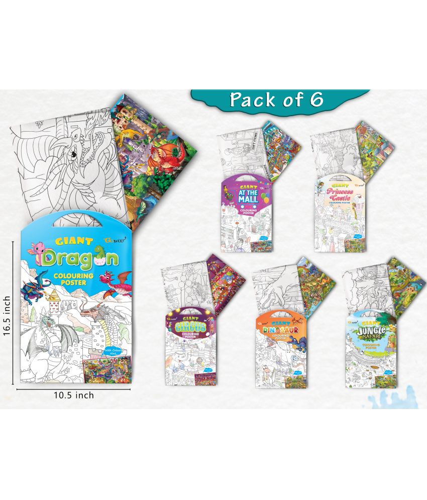     			GIANT JUNGLE SAFARI COLOURING , GIANT AT THE MALL COLOURING , GIANT PRINCESS CASTLE COLOURING , GIANT CIRCUS COLOURING , GIANT DINOSAUR COLOURING  and GIANT DRAGON COLOURING  | Pack of 6 s I Coloring  sets for kids