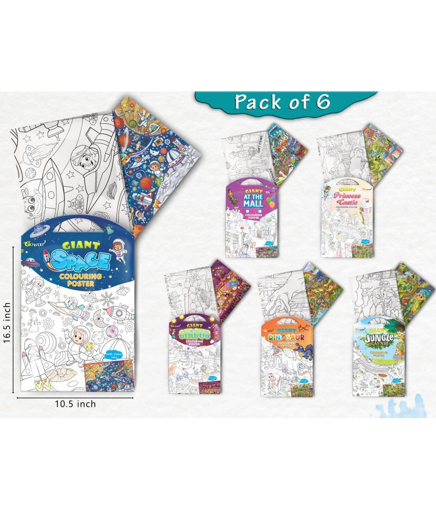     			GIANT JUNGLE SAFARI COLOURING , GIANT AT THE MALL COLOURING , GIANT PRINCESS CASTLE COLOURING , GIANT CIRCUS COLOURING , GIANT DINOSAUR COLOURING  and GIANT SPACE COLOURING  | Pack of 6 s I Happy Coloring Set
