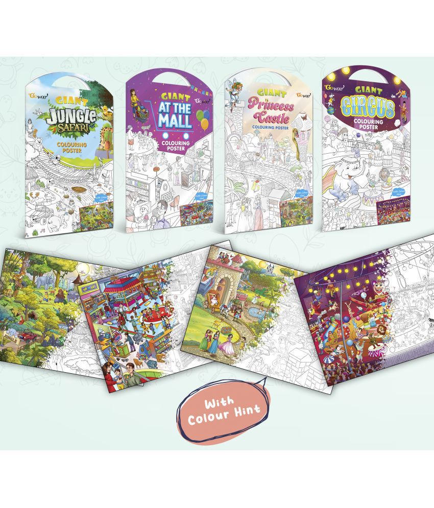     			GIANT JUNGLE SAFARI COLOURING POSTER, GIANT AT THE MALL COLOURING POSTER, GIANT PRINCESS CASTLE COLOURING POSTER and GIANT CIRCUS COLOURING POSTER | Gift Pack of 4 Posters I Popular kids coloring posters