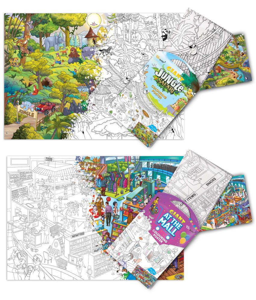     			GIANT JUNGLE SAFARI COLOURING POSTER and GIANT AT THE MALL COLOURING POSTER | Gift Pack of 2 Posters I  Giant Coloring Posters Big Box