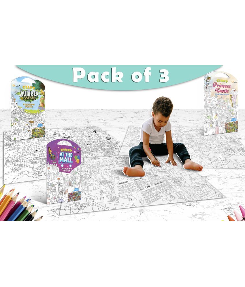     			GIANT JUNGLE SAFARI COLOURING POSTER, GIANT AT THE MALL COLOURING POSTER and GIANT PRINCESS CASTLE COLOURING POSTER | Pack of 3 posters I perfect Gift for Growing Minds