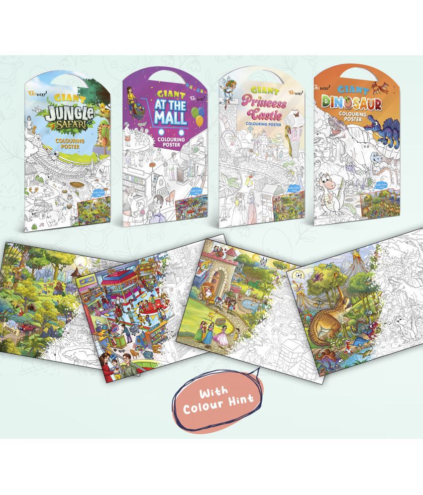     			GIANT JUNGLE SAFARI COLOURING POSTER, GIANT AT THE MALL COLOURING POSTER, GIANT PRINCESS CASTLE COLOURING POSTER and GIANT DINOSAUR COLOURING POSTER | Combo pack of 4 Posters I Premium Quality coloring posters