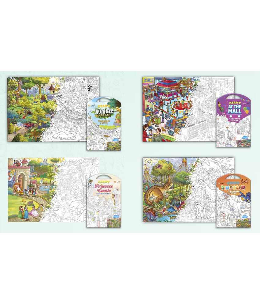     			GIANT JUNGLE SAFARI COLOURING POSTER, GIANT AT THE MALL COLOURING POSTER, GIANT PRINCESS CASTLE COLOURING POSTER and GIANT DINOSAUR COLOURING POSTER | Gift Pack of 4 Posters I Best coloring posters to gift