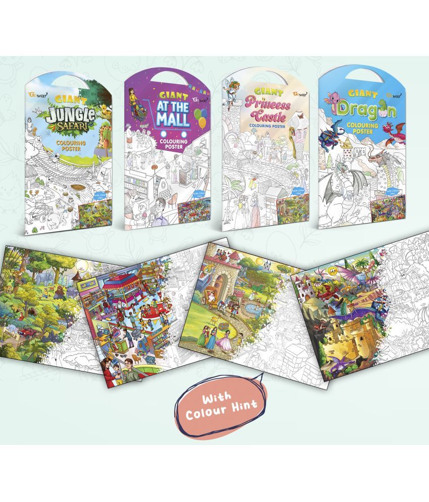     			GIANT JUNGLE SAFARI COLOURING POSTER, GIANT AT THE MALL COLOURING POSTER, GIANT PRINCESS CASTLE COLOURING POSTER and GIANT DRAGON COLOURING POSTER | Set of 4 Charts I Perfect match for creative minds