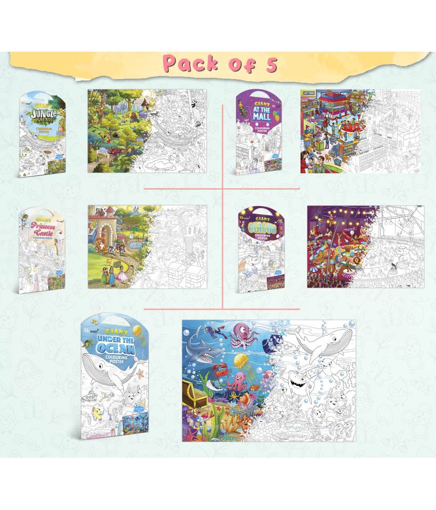     			GIANT JUNGLE SAFARI COLOURING POSTER, GIANT AT THE MALL COLOURING POSTER, GIANT PRINCESS CASTLE COLOURING POSTER, GIANT CIRCUS COLOURING POSTER and GIANT UNDER THE OCEAN COLOURING POSTER | Pack of 5 Posters I Coloring Posters Gift Set for kids