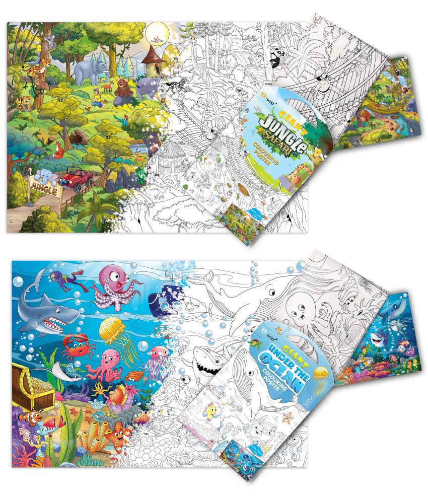     			GIANT JUNGLE SAFARI COLOURING POSTER and GIANT UNDER THE OCEAN COLOURING POSTER | Pack of 2 Posters I best colouring poster for 9+ years