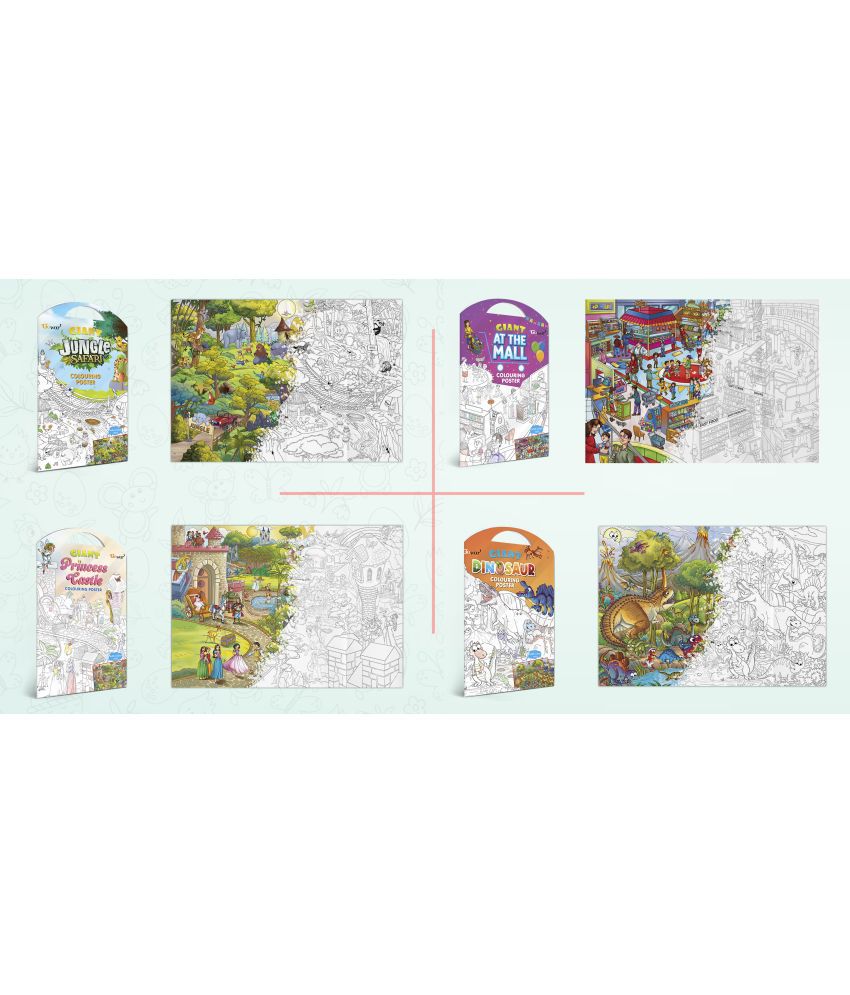     			GIANT JUNGLE SAFARI COLOURING POSTER, GIANT AT THE MALL COLOURING POSTER, GIANT PRINCESS CASTLE COLOURING POSTER and GIANT DINOSAUR COLOURING POSTER | Pack of 4 Posters I kids Creative coloring posters