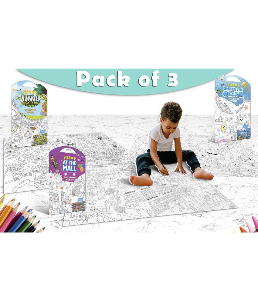     			GIANT JUNGLE SAFARI COLOURING POSTER, GIANT AT THE MALL COLOURING POSTER and GIANT UNDER THE OCEAN COLOURING POSTER | Pack of 3 Posters I kids Creative coloring posters