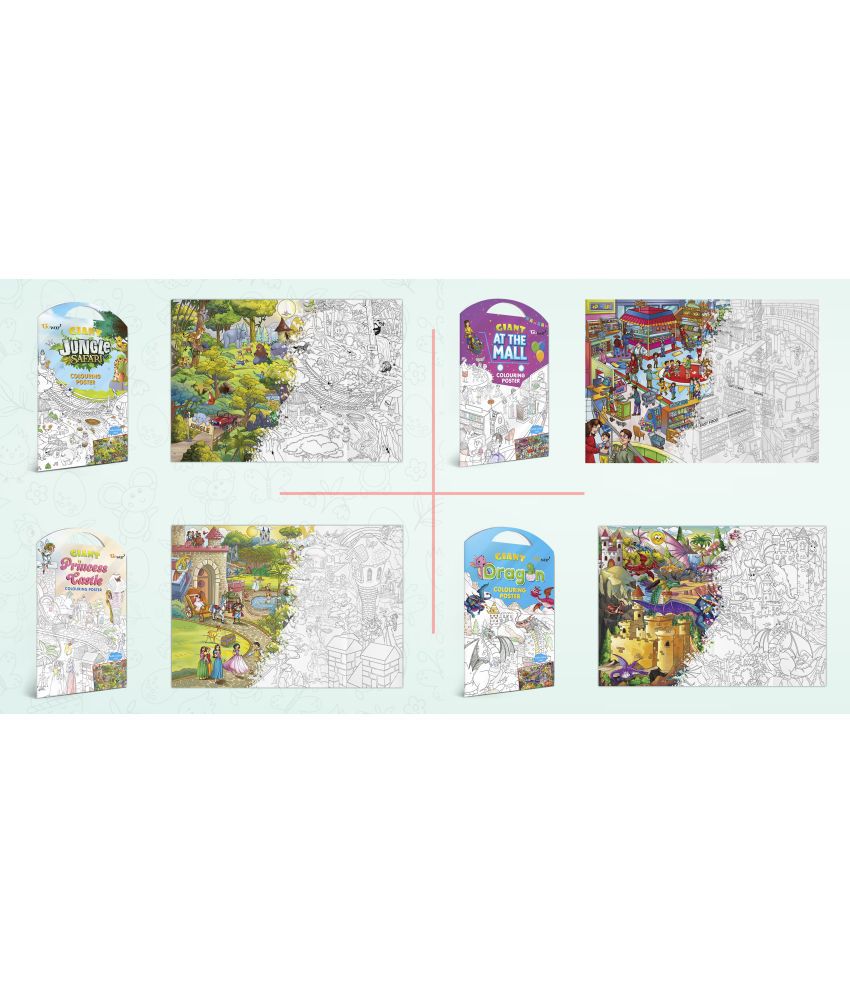     			GIANT JUNGLE SAFARI COLOURING POSTER, GIANT AT THE MALL COLOURING POSTER, GIANT PRINCESS CASTLE COLOURING POSTER and GIANT DRAGON COLOURING POSTER | Pack of 4 Posters I Popular coloring posters