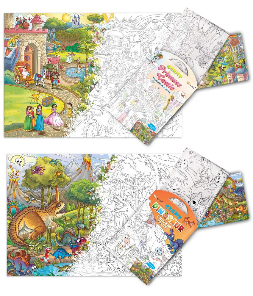     			GIANT PRINCESS CASTLE COLOURING POSTER and GIANT DINOSAUR COLOURING POSTER | Gift Pack of 2 Posters I jumbo wall colouring posters