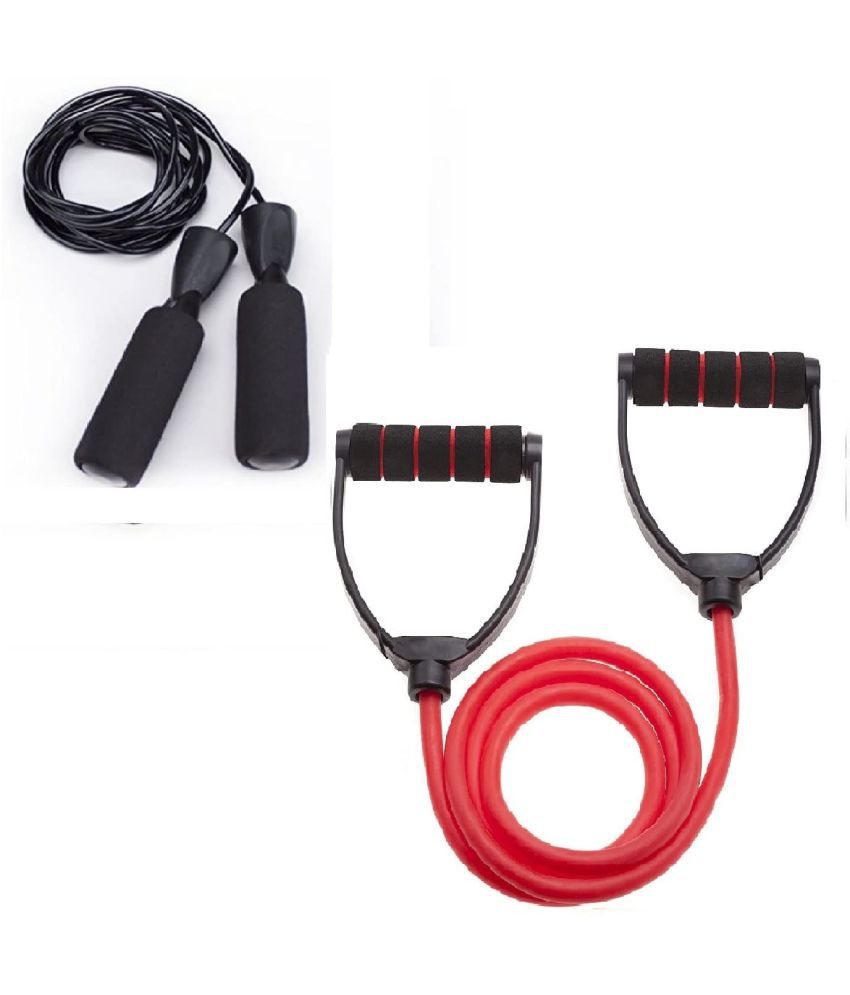     			HORSE FIT Pack of 2 Combo |Premium Single Band Resistance Toning Tube and Foam Handle Jumping Skipping Rope for Fat Loos | Body Stretching and Gym Workout and Fitness Exercise Equipment Kit-Black