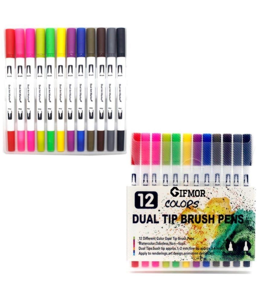     			Gifmor Dual Tip Brush Pens With Fineliners Colouring Art Drawing Markers Fineliner And Brush Nib Sketch Pens  With Washable Ink (Set Of 1, 12 Colours)