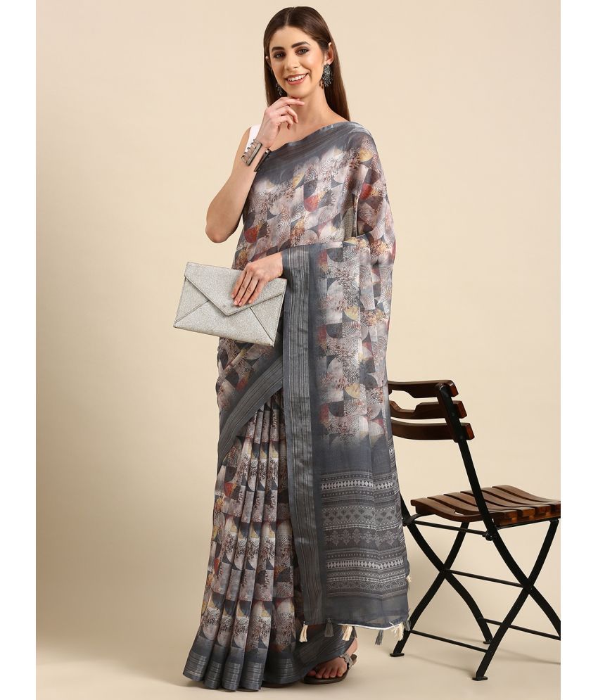    			SHANVIKA - Grey Linen Saree With Blouse Piece ( Pack of 1 )