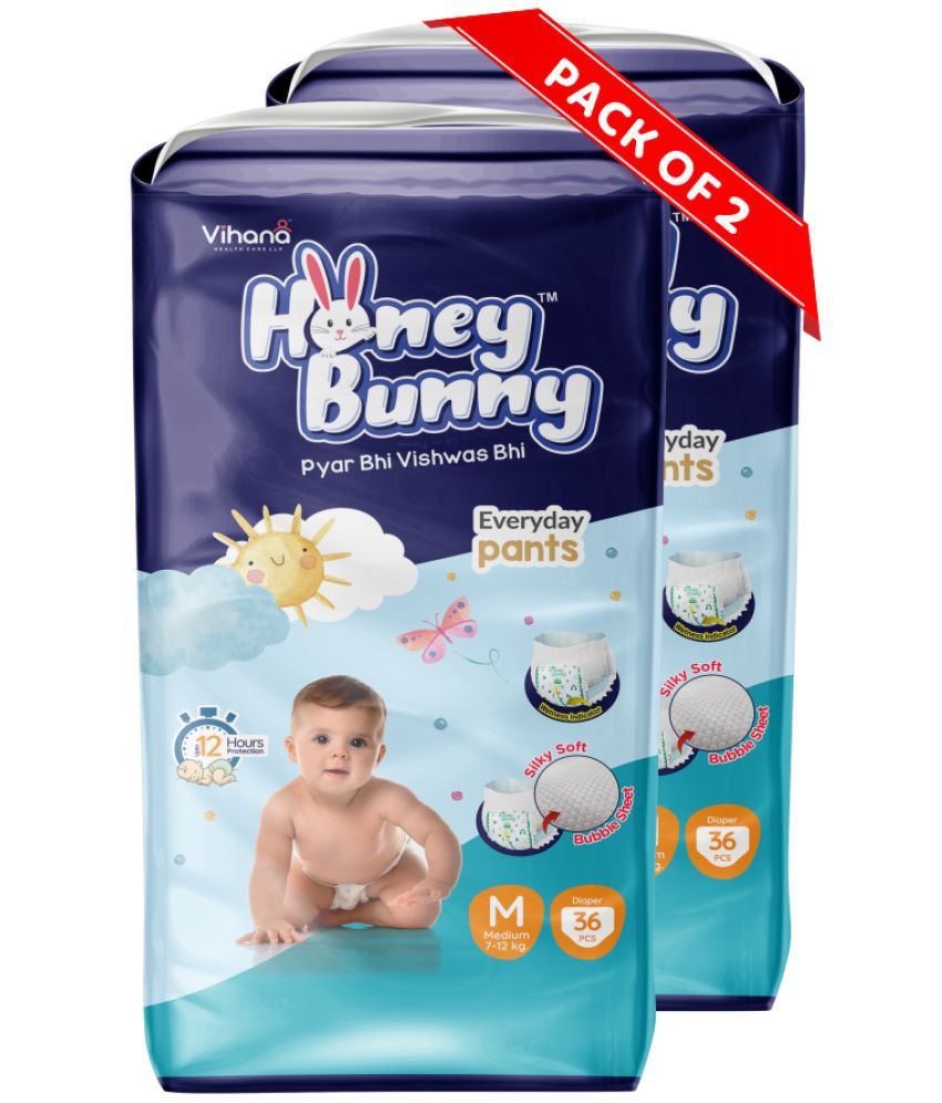     			Honey Bunny Pants Diapers M-72pcs (Pack of 2) Wetness Indicator,Silky Soft-Bubble sheet (7-12kgs)