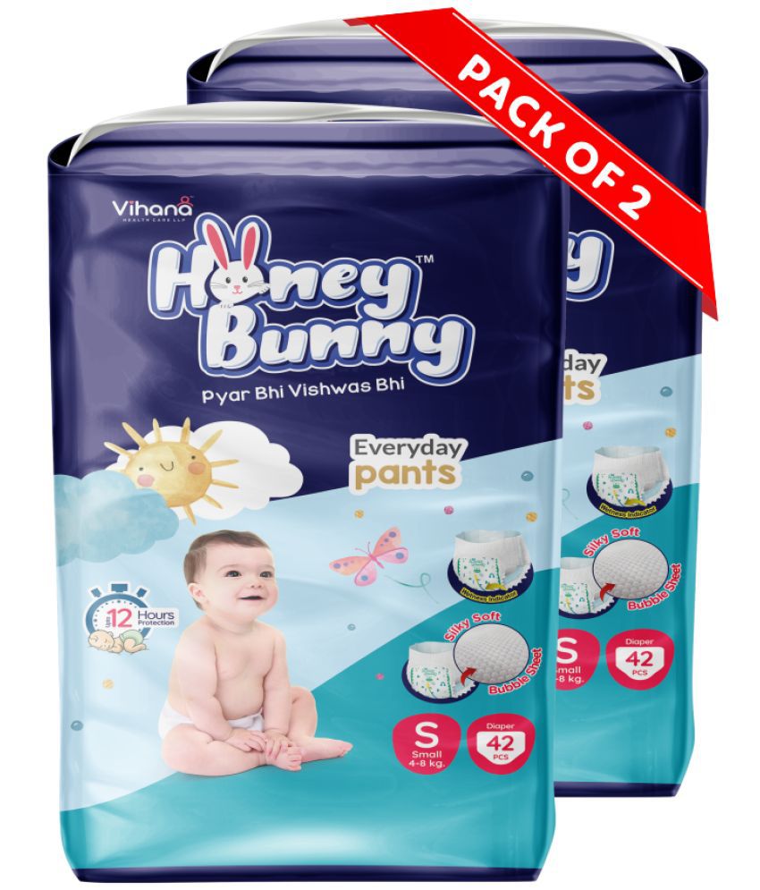     			Honey Bunny Pants Diapers S- 84pcs (Pack of 2) Wetness Indicator,Silky Soft-Bubble sheet (4-8kgs)