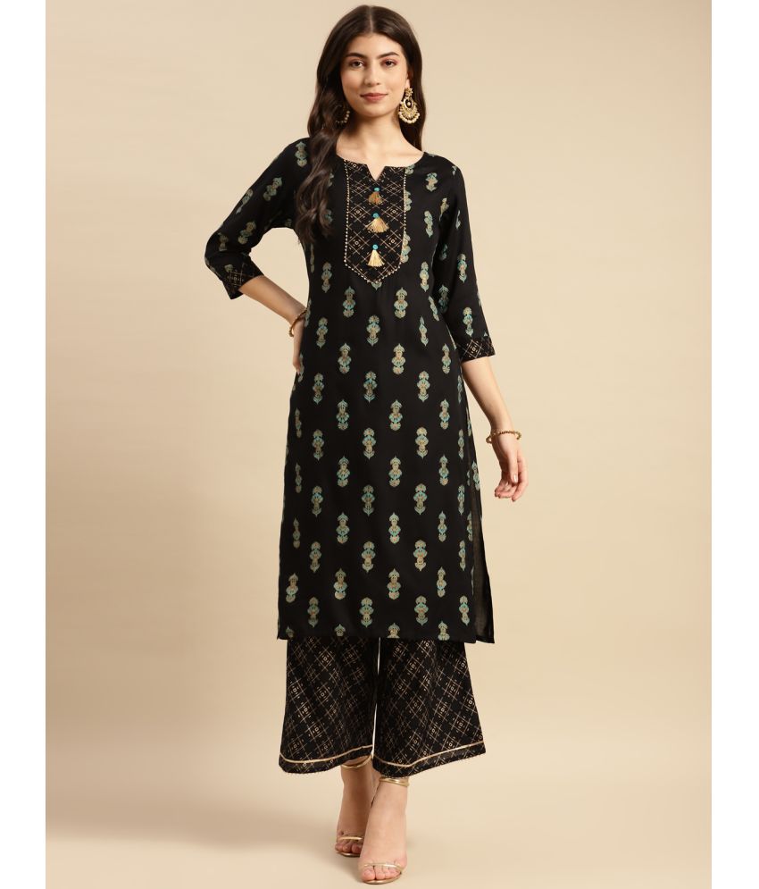     			Rangita Women Rayon Black Tonal Border Floral Print Calf Length Partywear Straight Kurta With Palazzo Set