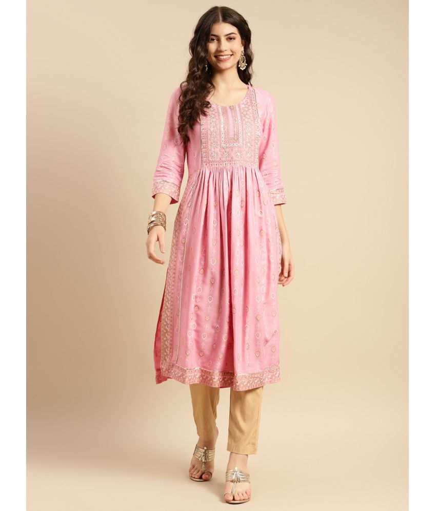     			Rangita Women Rayon Pink Yoke Embroidered Calf Length Kurti Gathered At Waist