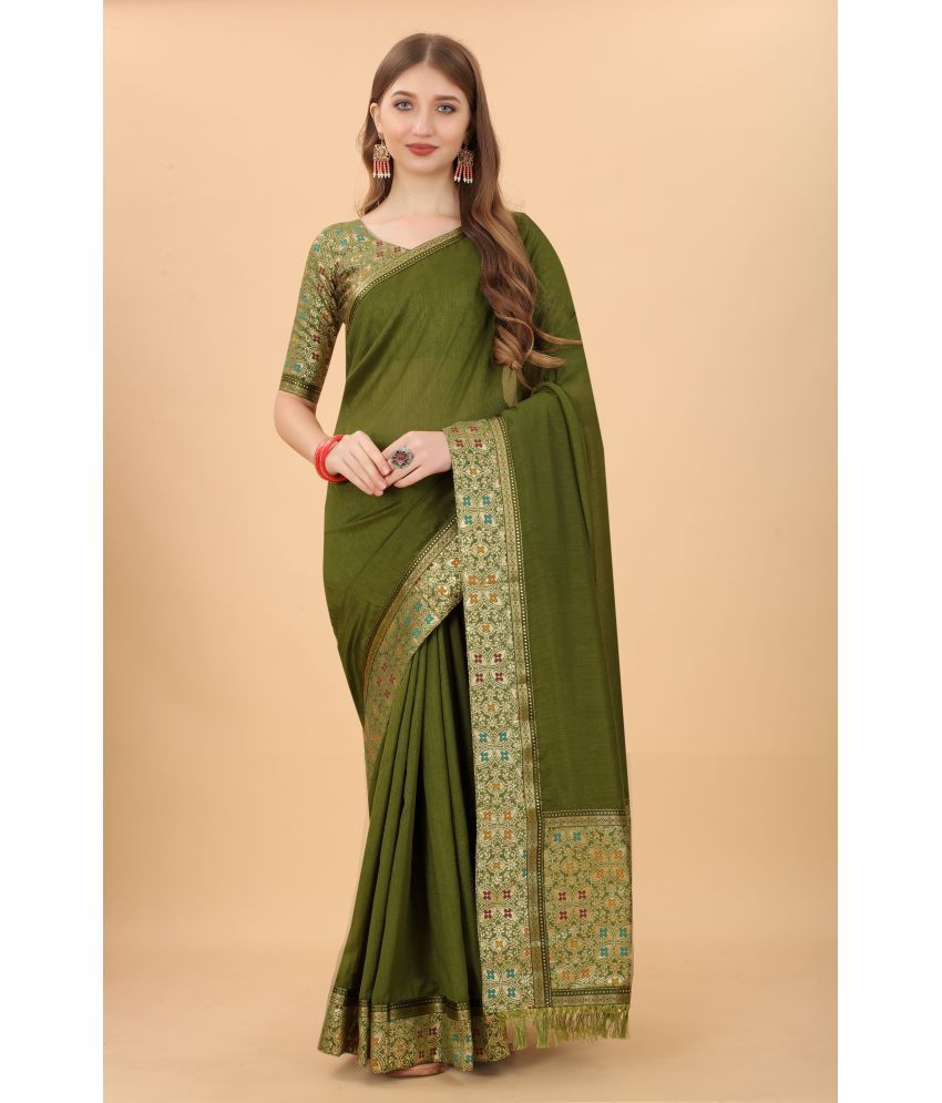     			Shatanuvart Export - Olive Silk Blend Saree With Blouse Piece ( Pack of 1 )