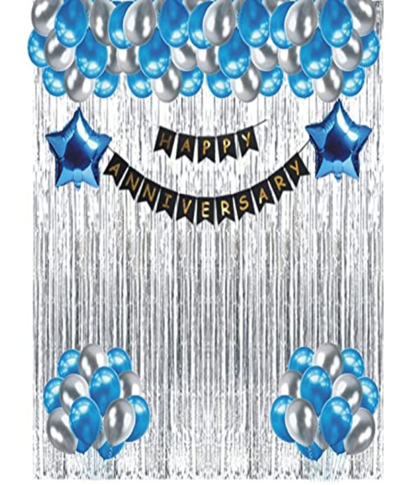    			Devdrishti Products Happy Anniversary Decoration Pack of 69 Kit 1 Happy Anniversary Banner 2 Blue Star Foil 2 Silver Curtain 60 Metallic Balloons (Silver & Blue) 1 Pump 1 Arch 1 Glue Dot and 1 Ribbon