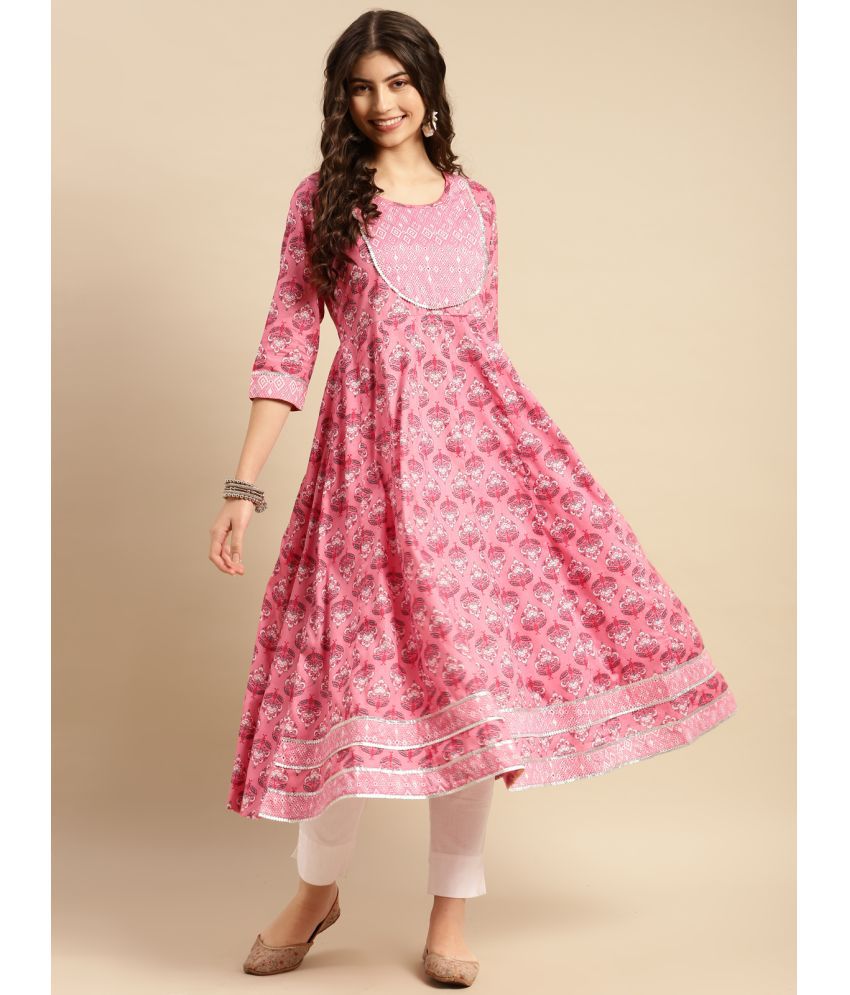     			Rangita Women 100% Cotton Pink Ethnic Print Calf Length Anarkali Kurti