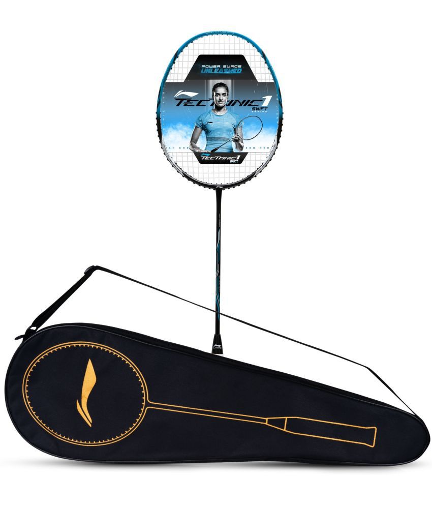     			Li-Ning Tectonic 1S Carbon Fibre Strung Badmiton Racket with Free Full Cover (Black/Blue/Silver, 83 Grams)
