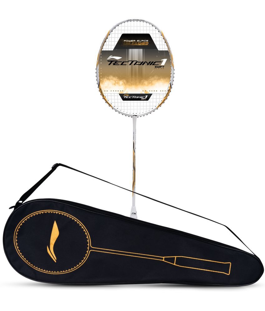    			Li-Ning Tectonic 1S Carbon Fibre Strung Badmiton Racket with Free Full Cover (White/Gold, 83 Grams)