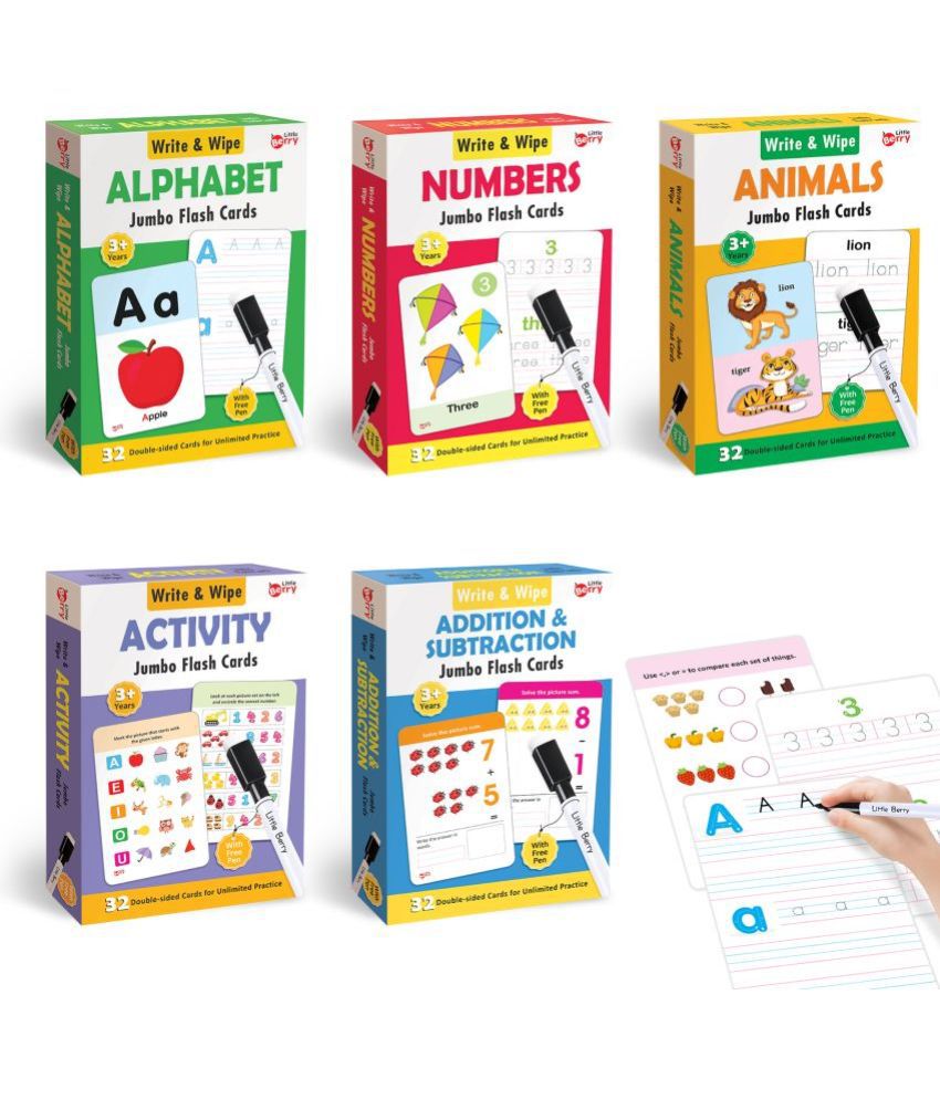     			Little Berry Write & Wipe Flash Cards Combo: ABC, Numbers, Animals, Activity, Simple Maths (Jumbo Size) | 160 Reusable Cards with Marker Pen | Gifts, Travel Toy & Preschool Learning for Kids Ages 3 to 6