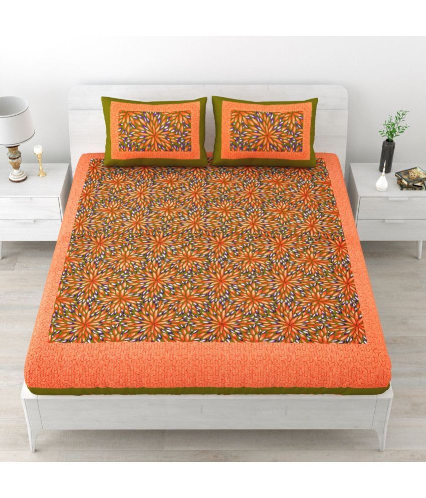     			Uniqchoice Cotton Floral Double Bedsheet with 2 Pillow Covers - Orange