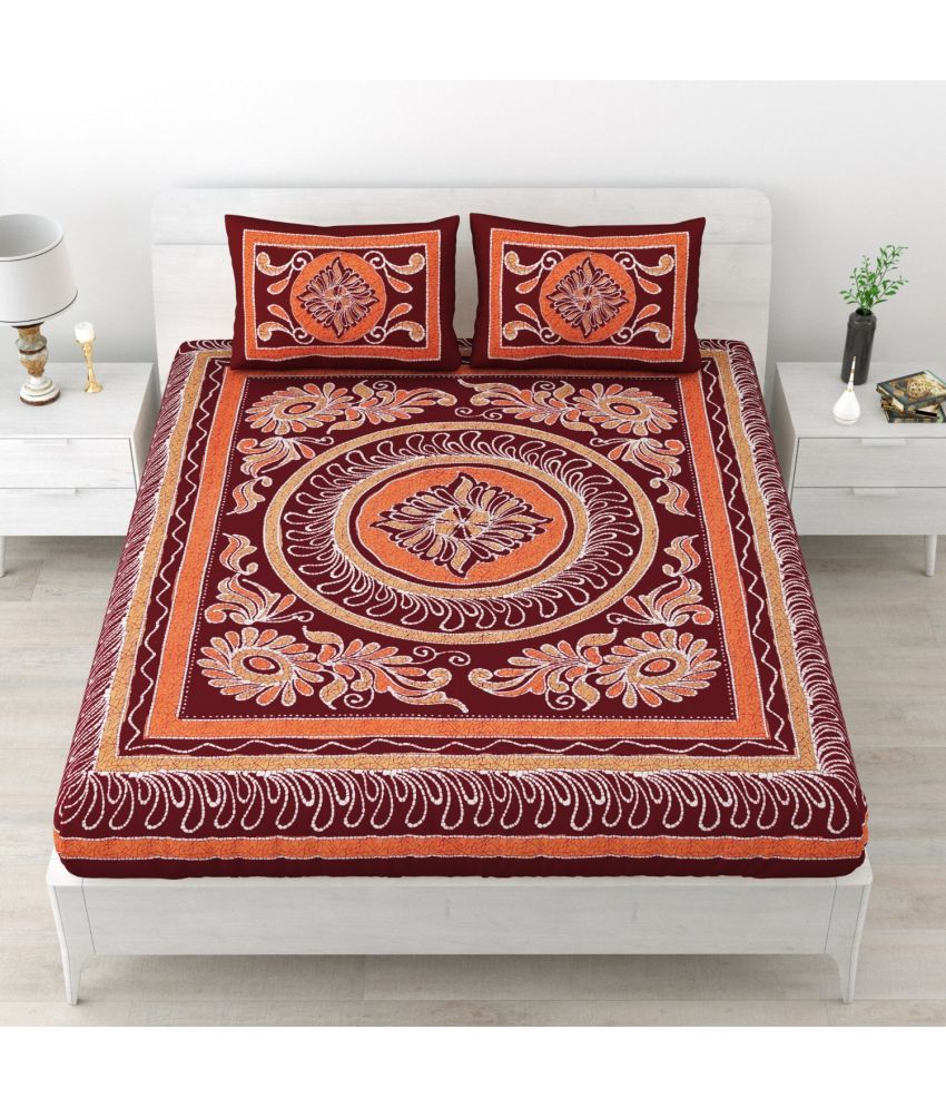     			Uniqchoice Cotton Floral Double Bedsheet with 2 Pillow Covers - Maroon