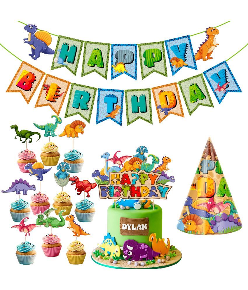     			Zyozi Dinosaur Birthday Party Supplies,13 Pcs Dinosaur Party Supplies Set for Boys and Girls, Include Cup Cake Toppers, Banner, Cake Topper and Birthday Cap