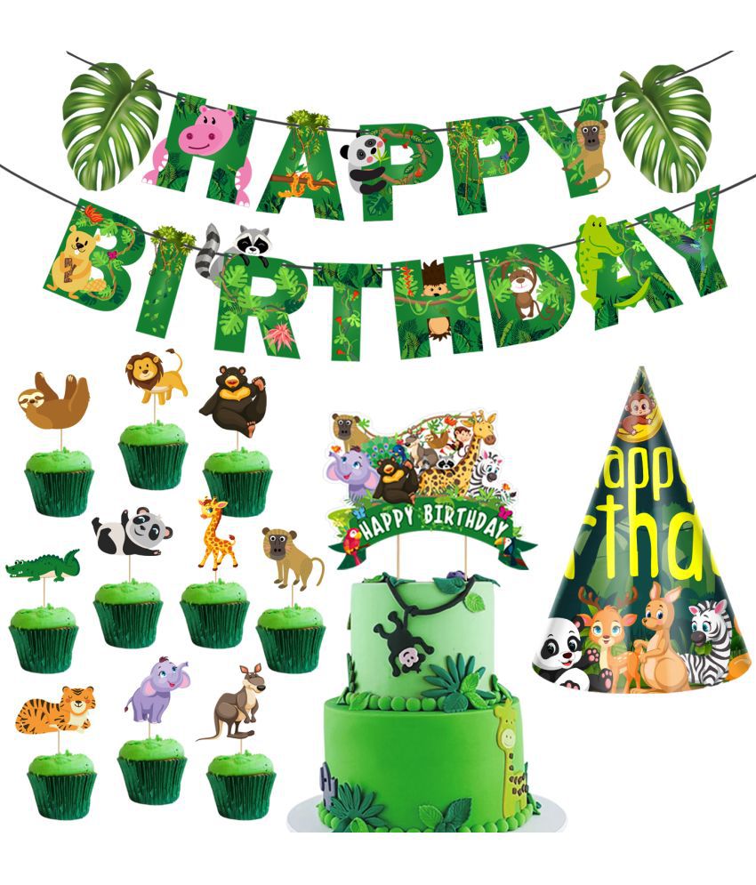     			Zyozi Jungle Safari Happy Birthday Decoration Kids,Animal Birthday Banner with Cup Cake Toppers, Cake Topper and Birthday Cap for Boy Birthday 1st 2nd 3rd 16th 18th 21st (Pack of 13)