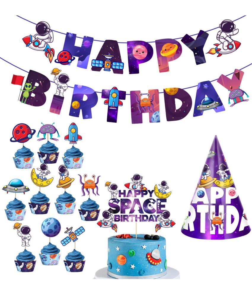     			Zyozi Space Kids Space Birthday Party Decoration - Blue Astronaut Spaceship Theme Happy Birthday Banner Hanging Solar System Spiral Planet Card Children's Gifts (Pack of 13)