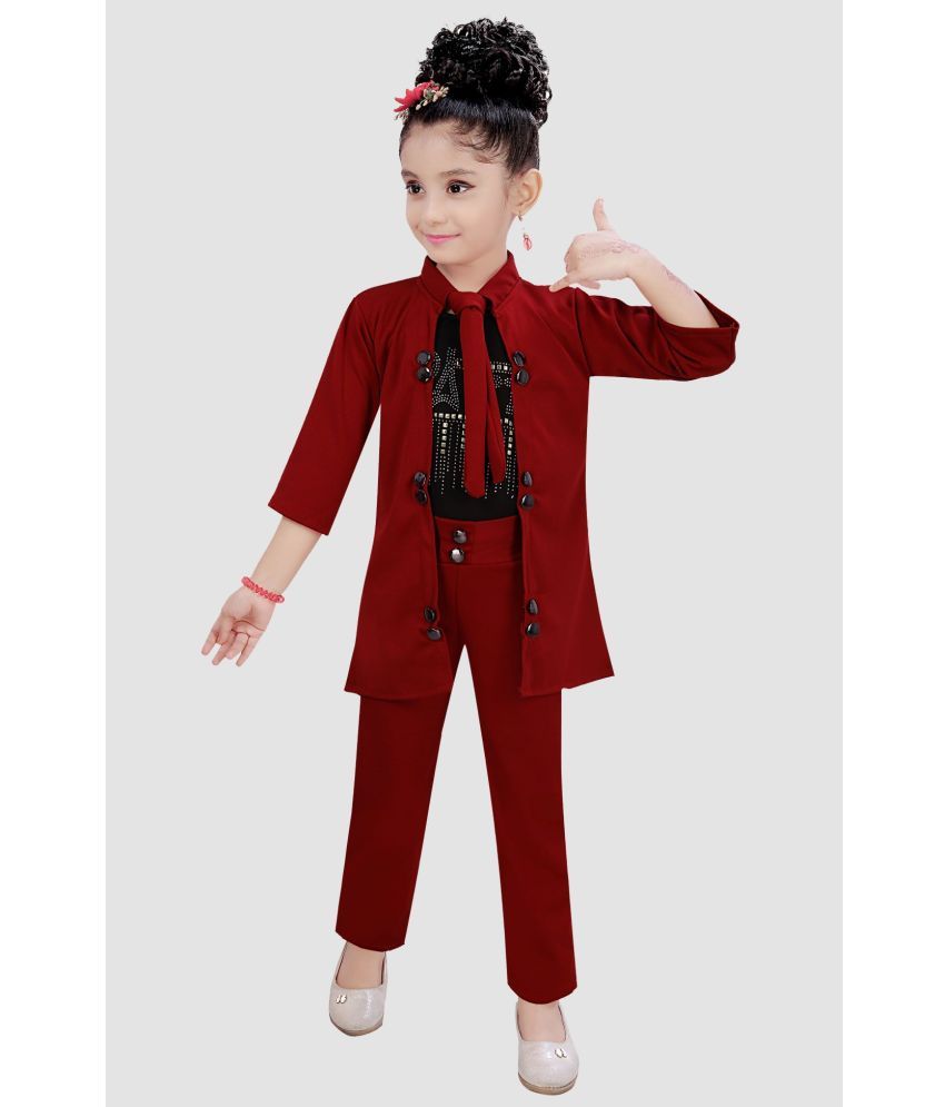     			9stiches - Maroon Lycra Girls Top With Jacket With Pants ( Pack of 1 )