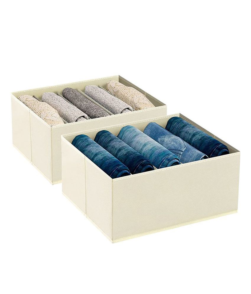     			HOMETALES Non-Woven 5 Compartments Foldable Wardrobe Storage Organisers for Shirt, Denims, Pants, T-Shirt,Beige (2U)