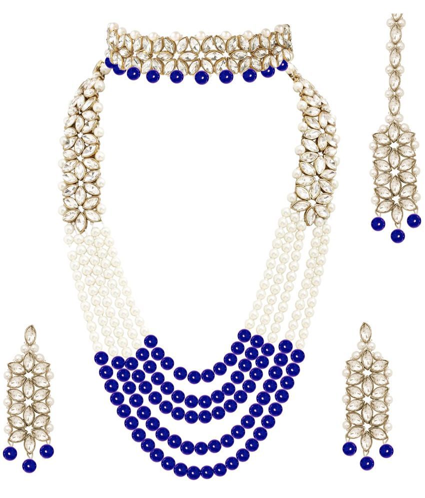     			Jewar Mandi - Blue Brass Necklace Set ( Pack of 1 )
