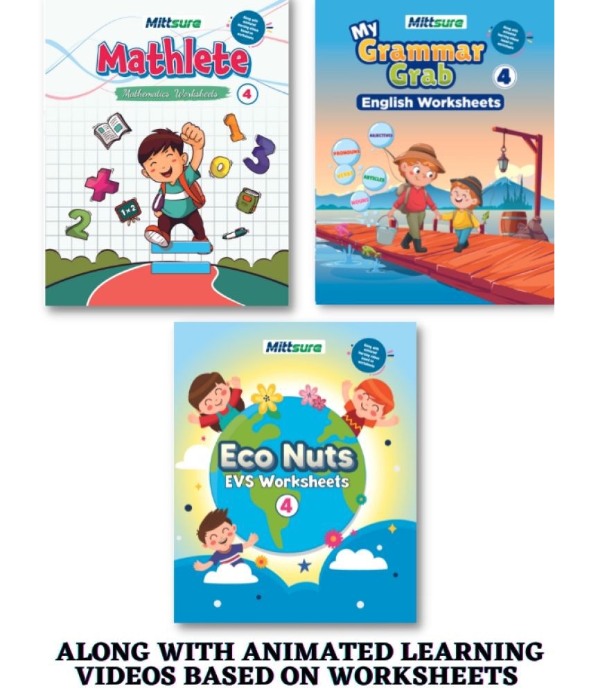     			Worksheets for Class 4, Set of 3, English,Maths, Evs