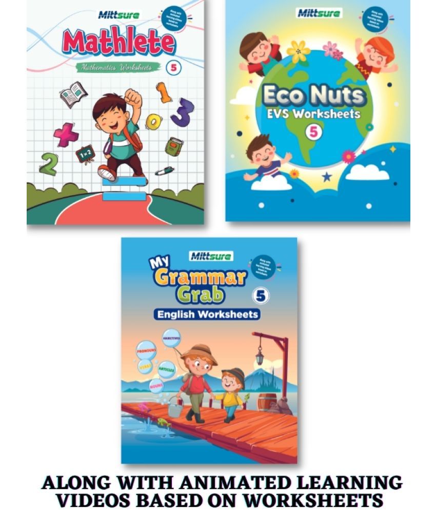     			Worksheets for Class 5, Set of 3, English,Maths, Evs