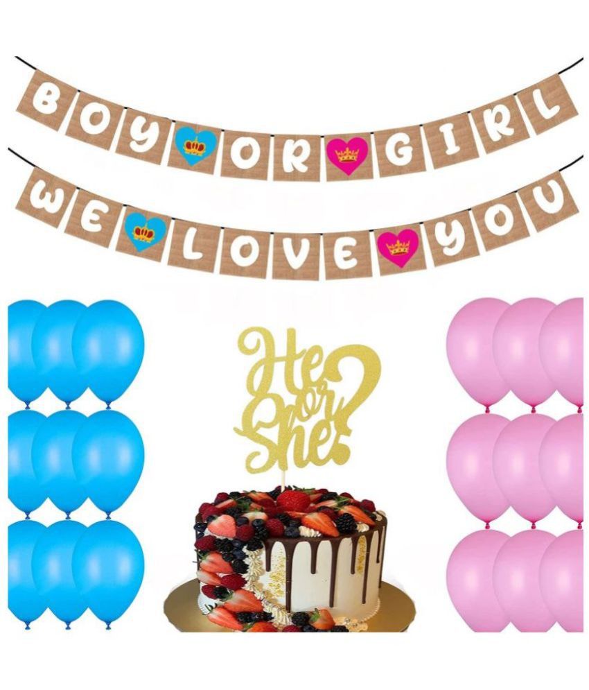    			Baby Shower Decorations Boy or Girl Banner, Cake Topper and Balloon Gender Reveal Bunting Flag Baby Gender Show Party Favors Announcement (Pack of 27)