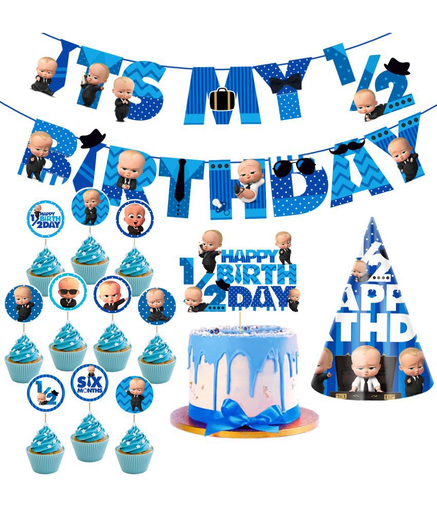     			Zyozi Baby Boss Half Birthday Party Supplies, Boss Baby 1/2 Birthday Party Decorations for Boys with Its My Birthday Banner Cake Topper Birthday Cap Cup Cake Topper(Pack of 28)