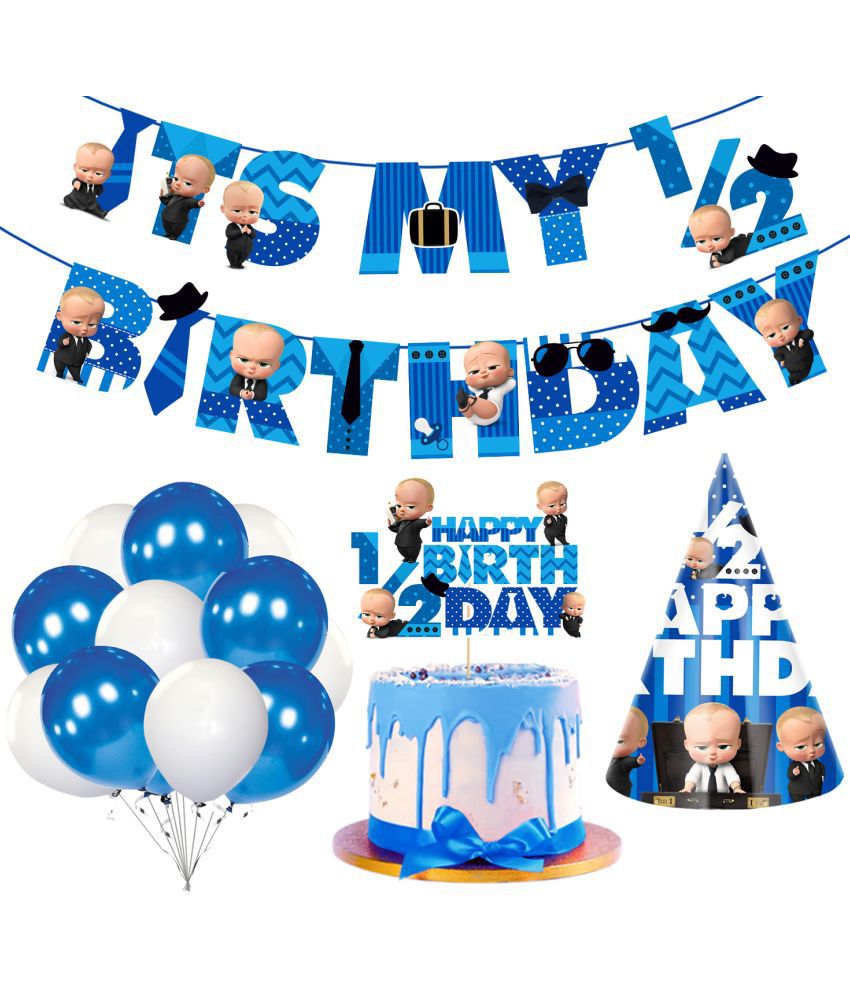     			Zyozi Baby Boss Half Birthday Party Supplies, Boss Baby 1/2 Birthday Party Decorations for Boys with Its My Birthday Banner Cake Topper Birthday Cap Balloons(Pack of 28)