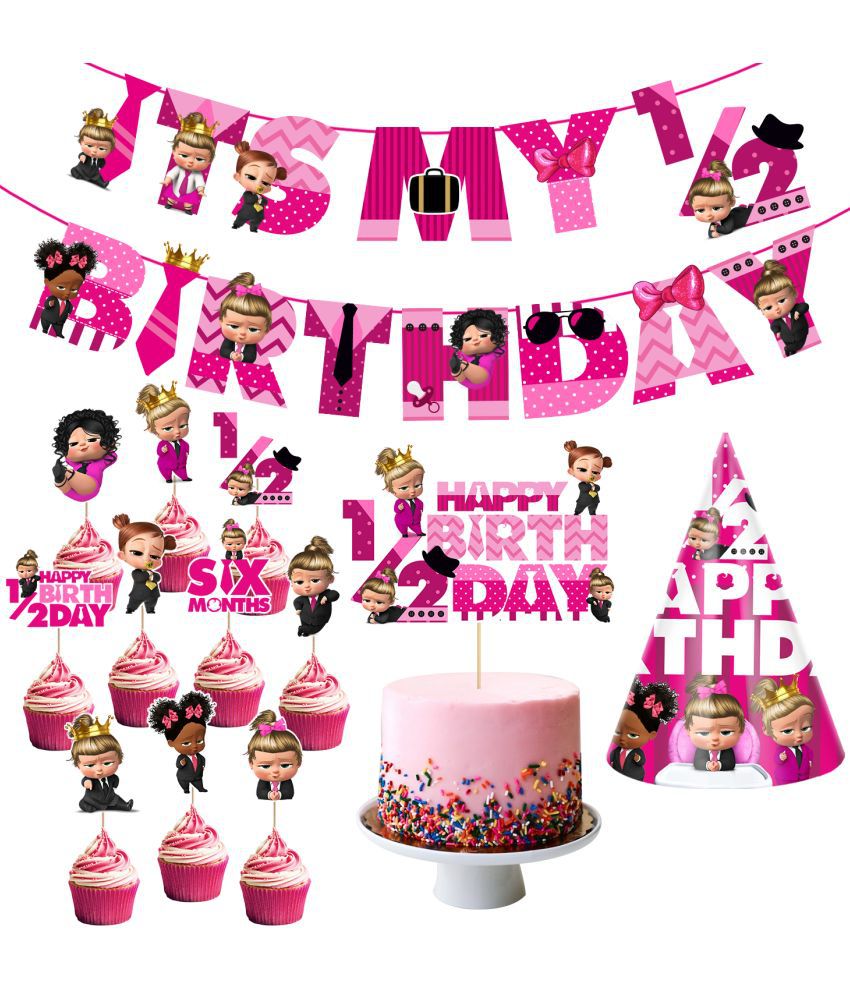     			Zyozi Baby Girl's Boss Half Birthday Theme Party Supplies for Girls Baby Half Birthday Decorations Favors with Banner,Cake Topper ,Birthday Cap and Cup Cake Toppers( Pack of 13)