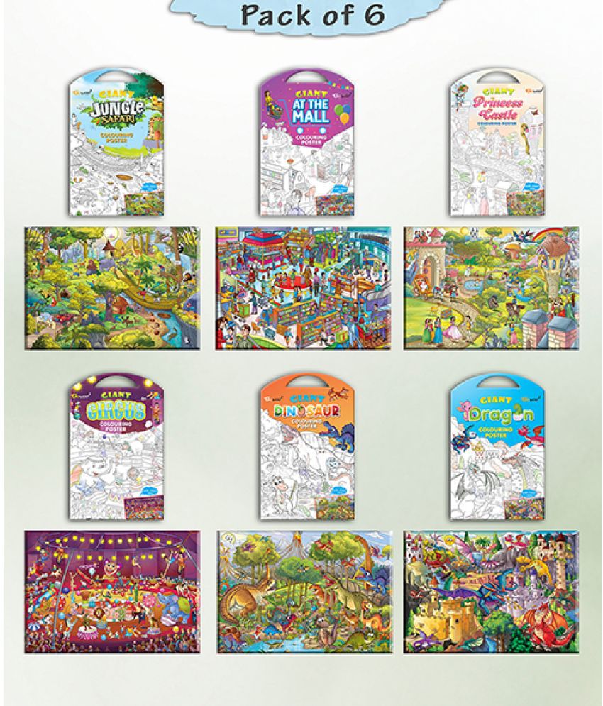     			GIANT JUNGLE SAFARI COLOURING , GIANT AT THE MALL COLOURING , GIANT PRINCESS CASTLE COLOURING , GIANT CIRCUS COLOURING , GIANT DINOSAUR COLOURING  and GIANT DRAGON COLOURING  | Combo of 6 s I Coloring  variety pack