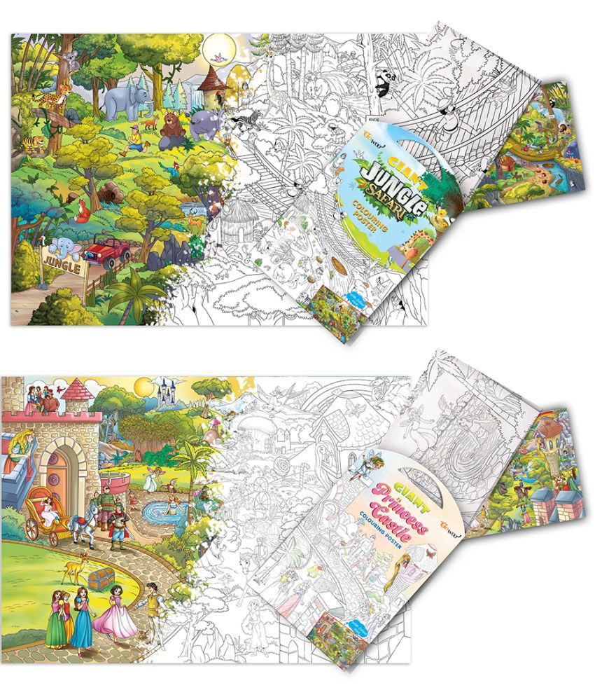     			GIANT JUNGLE SAFARI COLOURING POSTER and GIANT PRINCESS CASTLE COLOURING POSTER | Combo pack of 2 Posters I Premium Quality coloring posters