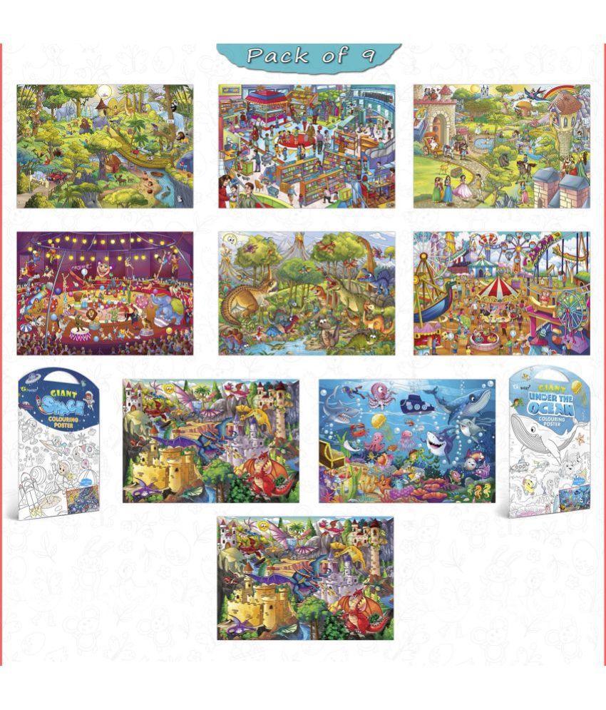     			GIANT JUNGLE SAFARI, GIANT AT THE MALL, GIANT PRINCESS CASTLE, GIANT CIRCUS, GIANT DINOSAUR, GIANT AMUSEMENT PARK, GIANT SPACE, GIANT UNDER THE OCEAN   and GIANT DRAGON   I Combo of 9 s I Intricate coloring s for adults