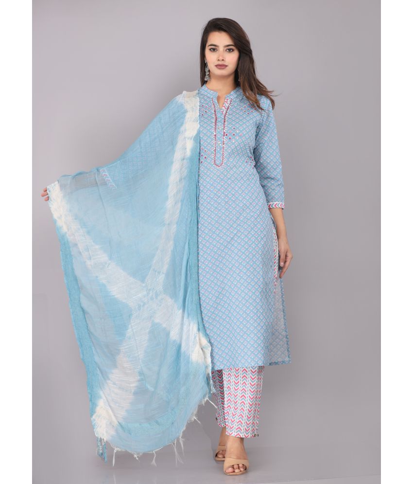     			JC4U - Blue Straight Cotton Women's Stitched Salwar Suit ( Pack of 1 )